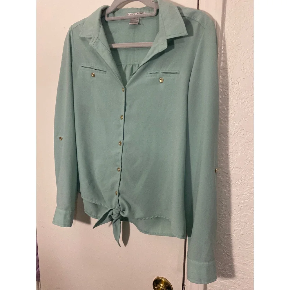 Alberto Makali Green Tie Front Roll Tab Sleeve Button Down Blouse Medium‎ Y2K